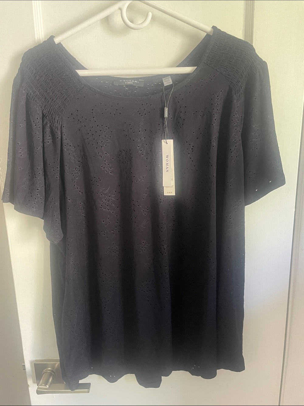 NWT T Tahari Woman Navy Short-Sleeve Eyelet Top